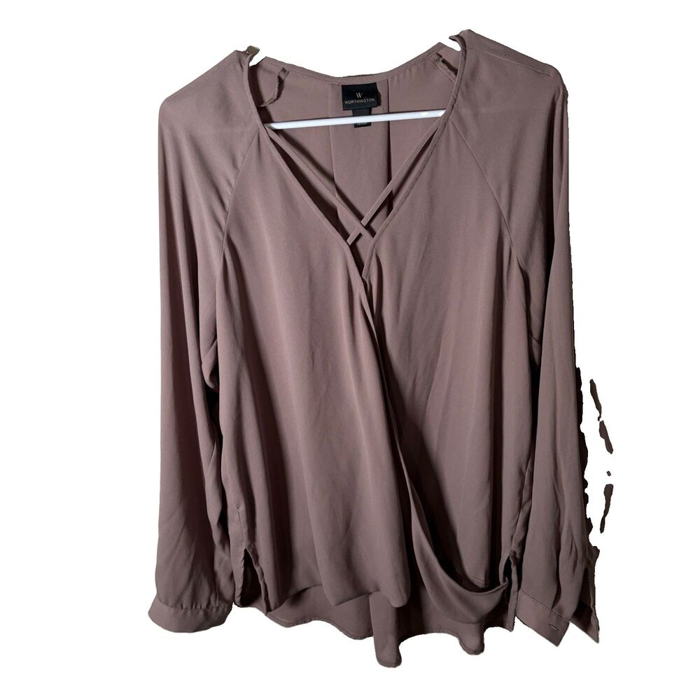 Worthington Blouse Women's Large Beige V-Neck Cage Long Sleeve Career Top